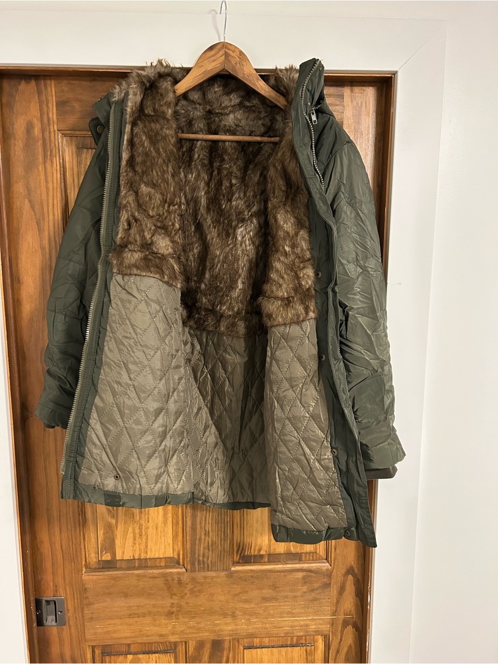 Olive Green Quilted Parka Coat with Faux-Fur Lining